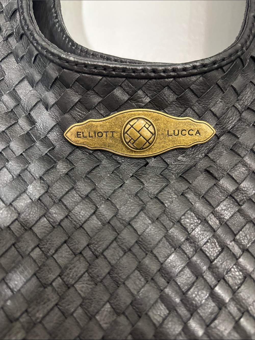 Elliott Lucca Black Woven Leather Tote Bag with Brass Accent - Picture 2 of 10
